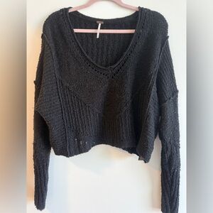 Free People Black V-Neck Textured Cropped Sweater